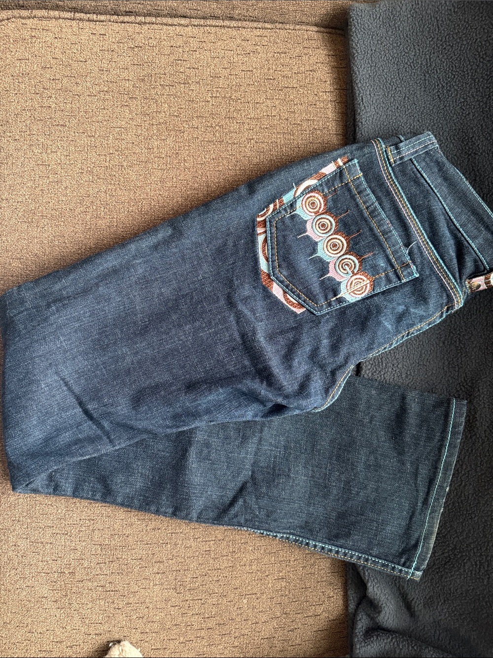 COOGI Dark Blue Denim Bootcut Jeans with Brown Patterned Pocket Trim - Picture 8 of 8